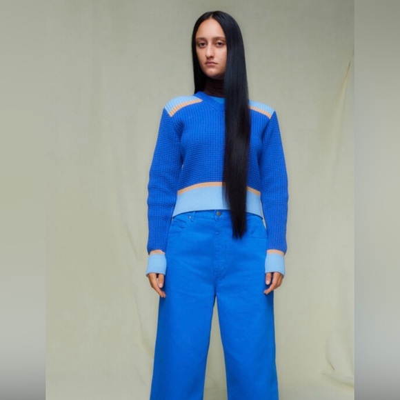 Marni Sweaters - Marni Blue Colorblock V-Neck Sweater with Tan Accents